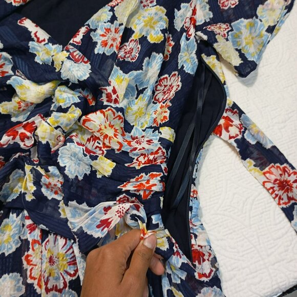 Tanya Taylor Floral Wrap Dress Navy Blue Multicolor Short Sleeve Size 10 Womens - Picture 8 of 11